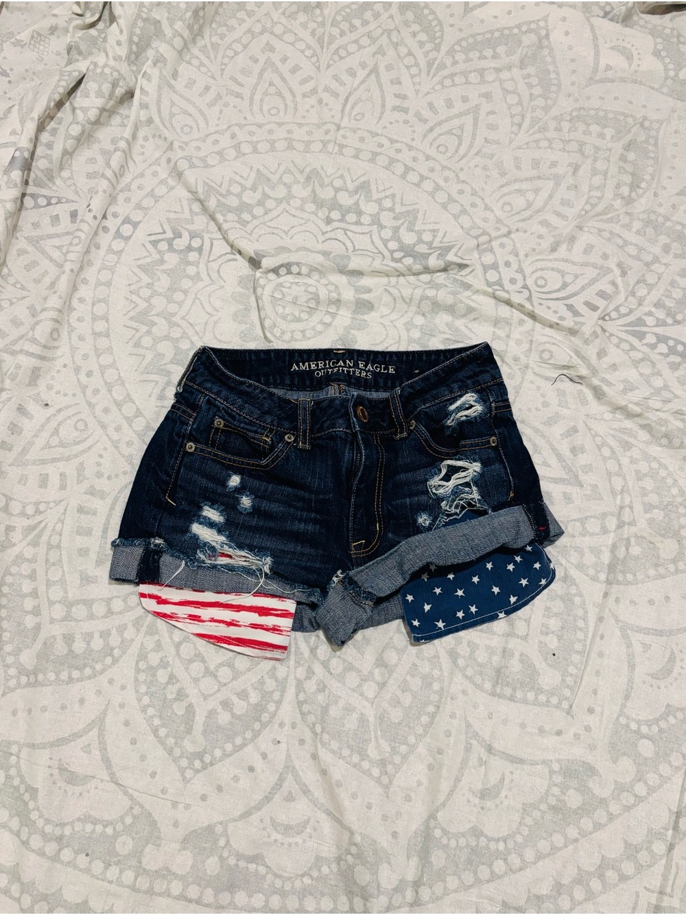 American Eagle Outfitters Dark Wash Distressed Jean Shorts with Flag Lining
